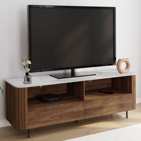 Mueble TV 140 cm MARLA efecto listones nogal con 2 cajones y encimera de mármol blanco ALASKA