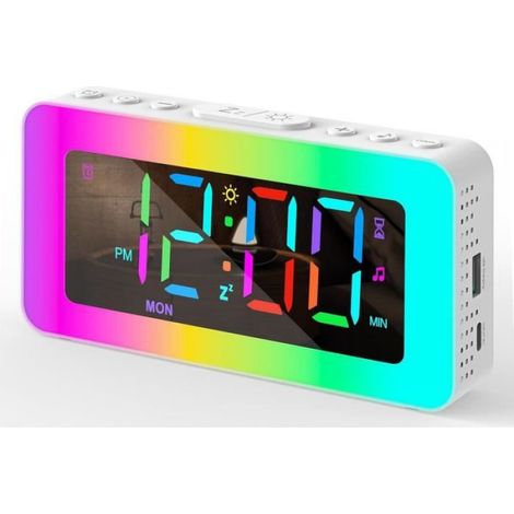 Réveil numérique,Réveil couleur RVB,Double alarme avec jours de la semaine/week-end,Port de charge USB,Snooze,Extra fort (1/4)
