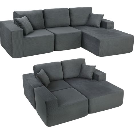 Modulares Ecksofa, L-förmiges Sofa-Bett mit tiefem Sitz, breiten Armlehnen, 2 Kissen, Dunkelgrau