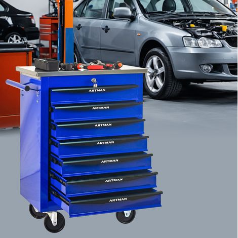 Chariot d’atelier 56,5x34,5x78 cm en acier bleu, 7 tiroirs, avec verrou, pour garage – MEUBLIV (1/5)