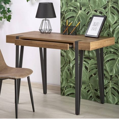 Bureau 110 x 55 cm avec plateau aspect noyer et pieds épingles en acier noir FUN (1/5)