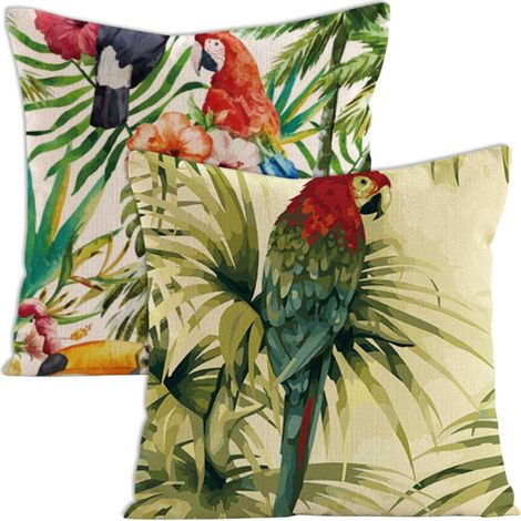 Ensemble de 2 housses de coussin décoratives à motifs floraux tropicaux (fleurs, palmiers, feuilles, flamants roses, perroquets, oiseaux), format carré standard 45 x 45 cm, style aquarelle estivale. (1/5)