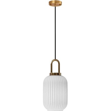 White Glass Pendant Light with Bronze Gold Finish, Modern Retro Ceiling Light for Kitchen Island Bedside Dining Table (140mm) (1/5)