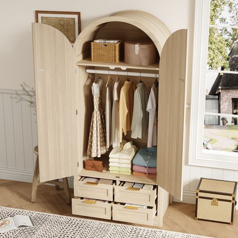 REDOM - Armoire 80x50x179 cm, portes cintrées, rangement avec tringle et tiroirs, rotin, MDF, chêne (1/5)