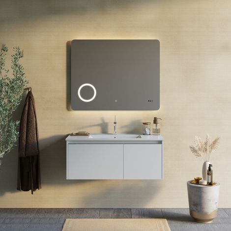 Mobile Bagno Sospeso 100Cm Bianco, Specchio Touch Led E Orologio Monaco