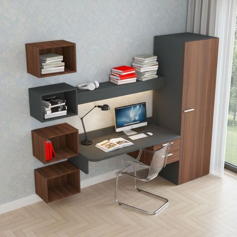 Scrivania sospesa design con mensola luminosa, pensili e armadio - Basalto e Noce (1/5)