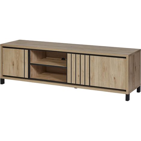 ANTHONY - Meuble TV 170cm Aspect bois Détail Déco Lignes Verticales Noires (1/5)