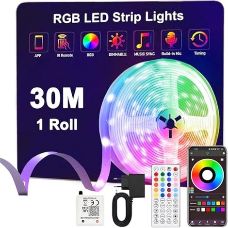 Ruban Led 30m,24V RVB Bande LED avec Télécommande et Bluetooth APP,Synchronisation de la Musique, Mode Minuterie,Flexible Multicolore Bande LED pour Salon,Chambre,Fête,Festival,Mariage (1/5)