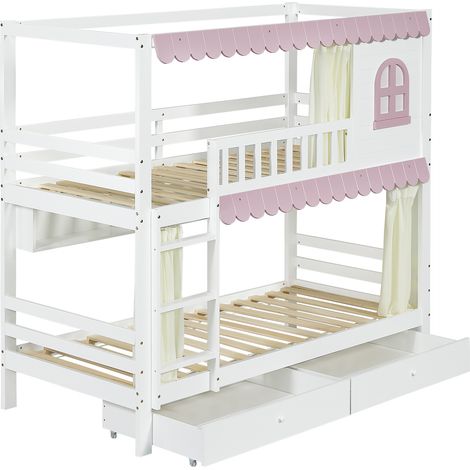 Kinder-Hochbett 90x200 cm mit Fenstern, Vorhängen und Stauraum, weiß/rosa, MODENUIT (1/5)
