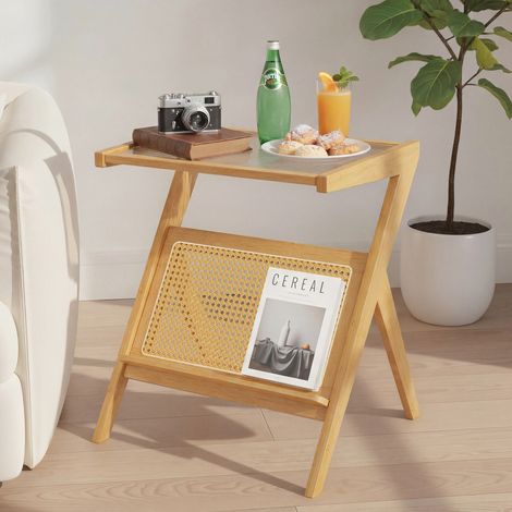 Table d'appoint en bambou et rotin - 50×36×56 cm – Table de chevet avec plateau en verre, petit meuble de rangement style naturel pour chambre et salon (1/5)
