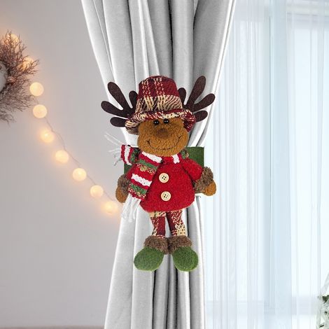 Dekorative Gardinenclips für Weihnachten mit Motiven eines alten Mannes, eines Schneemanns und eines Rentiers geeignet für die Dekoration von Wohnräumen, Schaufenstern und Hotels.