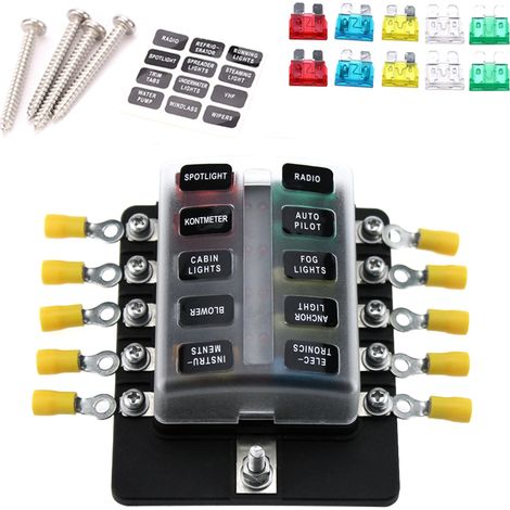 Caja de fusibles de 10 vías con indicador LED rojo, 10 fusibles y 10 conexiones para coche, barco, caravana, camión (12V/24V). (1/5)
