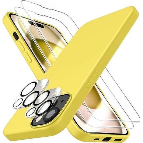 Custodia protettiva per iPhone 15 con protezione per la fotocamera posteriore e lo schermo, colore giallo. (1/2)