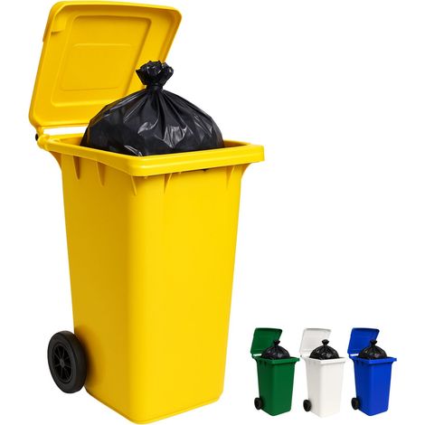 Bidone spazzatura da 120 Litri in Plastica con 2 ruote - Misura 48x55x93 cm- Pattumiera con Coperchio e maniglia - Colore Giallo (1/5)