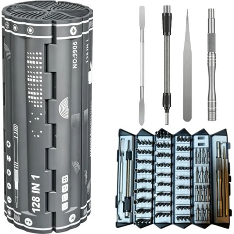 Juego de destornilladores de precisión, kit de 128 piezas, puntas magnéticas, GRIS (1/2)