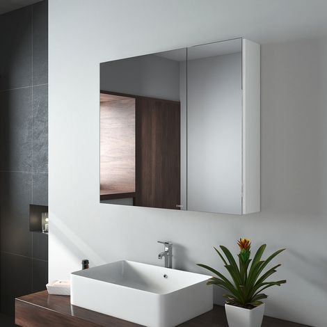 EMKE Spiegelschrank mit Spiegel unsichtbarer Griff Wandspiegel mit Badschrankmit höhenverstellbarem badezimmerschrank Laminat (Weiß, 75x65cm)