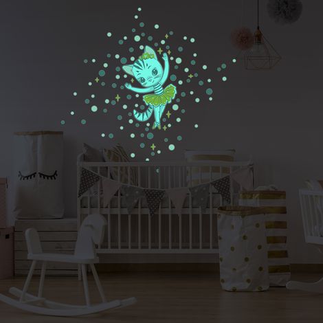 Sticker phosphorescent lumineux - CHAT BALLERINE + 100 RONDS COLORÉS - Autocollant mural plafond enfant fluorescent - 45x30cm (1/5)
