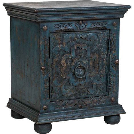 Mesita de noche de madera artesanal azul 50x40x59h cm