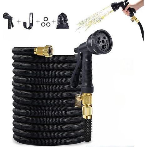 Nettoyeur haute pression pour jardin - Tuyau télescopique magique - Tuyau d'arrosage avec 8 buses fonctionnelles - Tuyau d'arrosage extensible - Tuyau d'arrosage flexible, léger et anti-torsion - Noir (1/5)