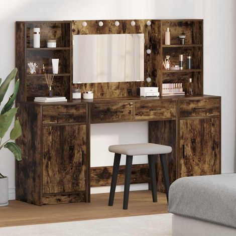 Schminktischset mit LED 3 pcs Geräucherte Eiche Holzwerkstoff