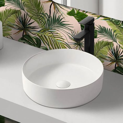 Lavandino da appoggio 40 cm design tondo in ceramica bianco opaco (1/5)