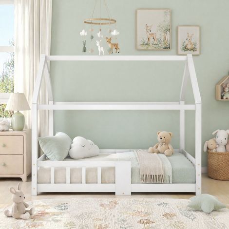 Cama cabaña infantil 90x200 cm de madera blanca, ahorra espacio, sin colchón (1/5)