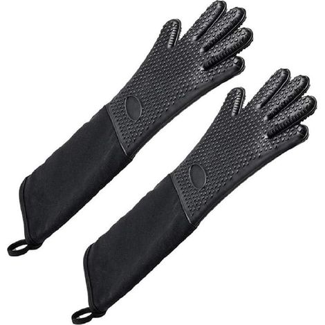 Lot de 2 gants de cuisine extra longs en silicone avec doublure matelassée, gants de cuisine durables résistants à la chaleur (noir) (1/5)