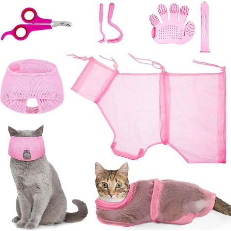 Set da bagno per gatti da 5 pezzi - Borsa per la toelettatura regolabile, museruola, tagliaunghie, strumento per rimuovere le zecche e spazzola massaggiante - Rosa (1/5)
