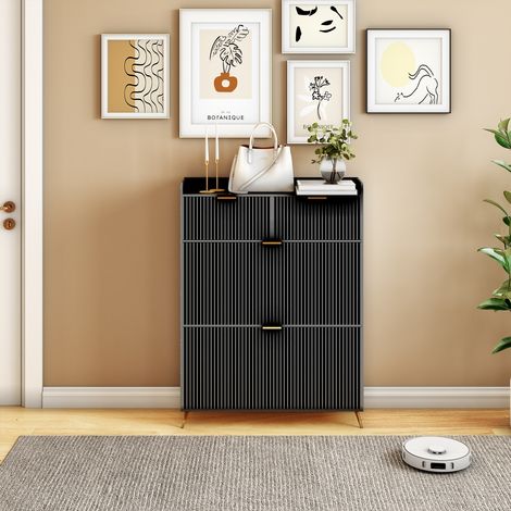 Schuhschrank 110 x 80 x 24 cm, 2 Schubladen, 2 Klappfächer, Füße aus goldfarbenem Metall, schwarz