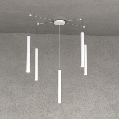 Lampadario top light round tube 1174 s5 gu10 led cilindro metallo moderno, finitura metallo bianco