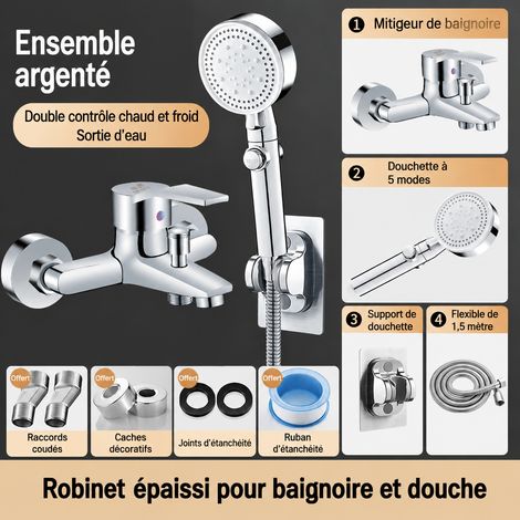 Mitigeur Douche Mural Renforcé avec Pommeau 5 Jets Haute Pression 980 g réf 4471 980 g – Livraison gratuite