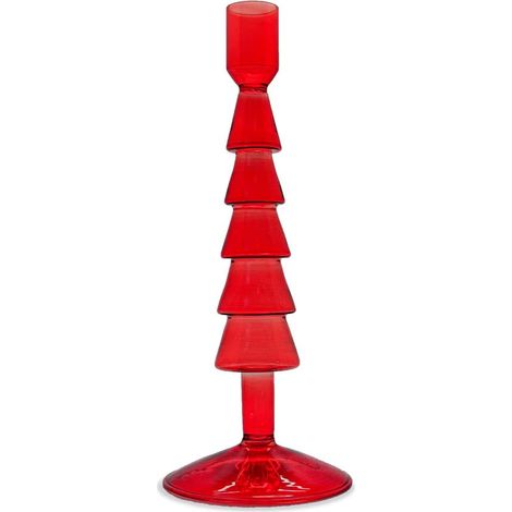 WD LifeStyle Potacandela in Vetro H 22 Cm Forma Albero di Natale Colore Rosso