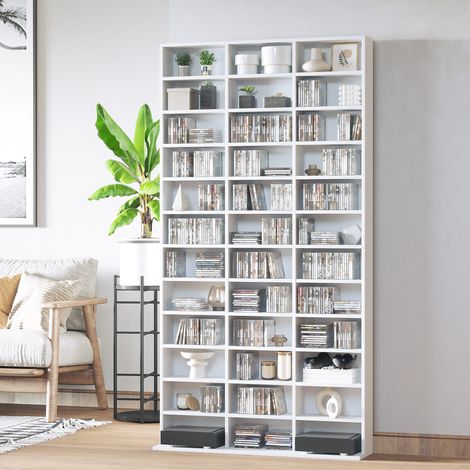 Bibliothèque CD en bois à 3 colonnes et 12 étagères réglables. 102 x 23,5 x 195 cm. Blanche.
