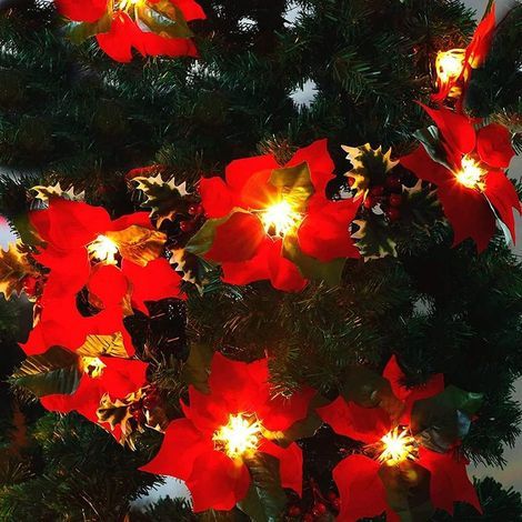 Guirlande Lumineuse 2M 20LED Poinsettia Garland,avec Feuilles de Houx aux Baies Rouges,guirlandes Lumineuses,décorations d'arbres de Noël lumières de Fleurs (1/4)