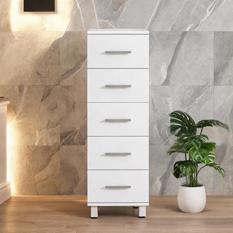 Meuble de salle de bain blanc en bois avec 5 tiroirs (1/5)