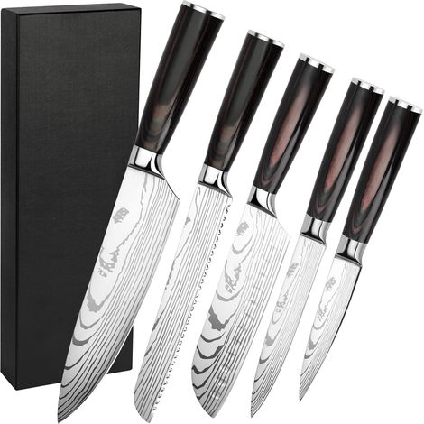 Couteau Cuisine Couteau Japonais Acier Inoxydable à haute teneur en carbone avec Poignée Ergonomique, Couteaux de Cuisine Professionnel (5PCS) (1/5)