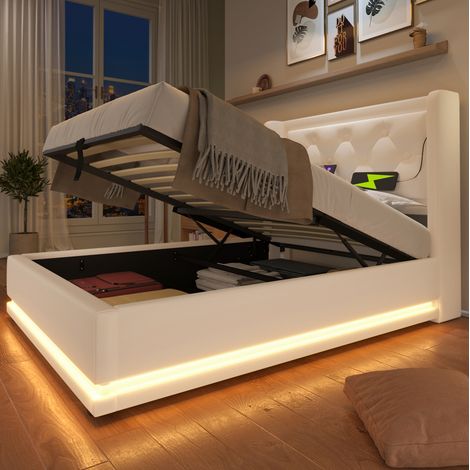 letto contenitore 90x200 USB LED PU bianco OKMYHOME (1/5)