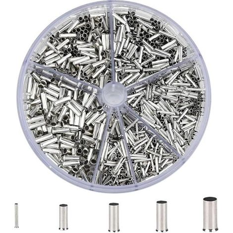 1900 cosses à sertir non isolées pour fils électriques, avec boîte de rangement, pour projets électriques, sections de 0,5/0,75/1,0/1,5/2,5 mm² (1/5)