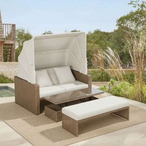 Polyrattan Gartenmöbel für 2-4 Personen, Gartensofa, Loungesofa, Verstellbarer Couchtisch, Abnehmbare Markise,PE-Rattan und Schwamm,Khaki