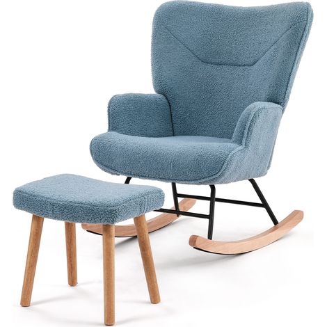 Goeurvant Fauteuil à bascule et repose-pieds Rocking chair Tissu teddy Bleu pigeon (1/5)