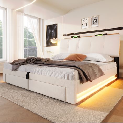 Lit adulte rangement hydraulique 140x200 lin beige USB OKMYHOME (1/5)