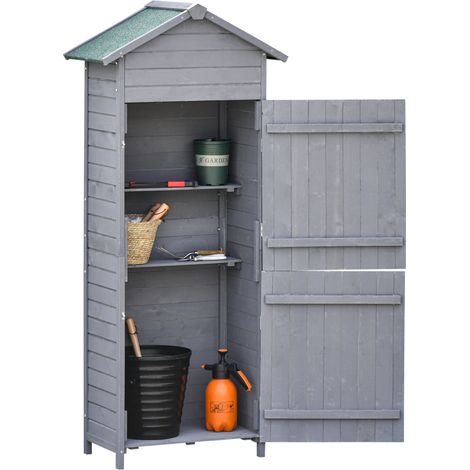 Outsunny Wooden Garden Storage Shed Utility Gardener Cabinet w/ 3 Shelves, Tilted-felt Roof and Two Lockable Doors, 79cm x 49cm x 191.5cm, Dark Grey (1/5)