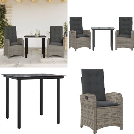 3-tlg. Garten-Essgruppe mit Kissen Grau Poly Rattan - Gartenmöbel - Gartenessgruppe (1/5)