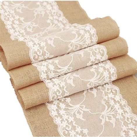 Chemin de table en jute 275cm x 30cm – Dentelle blanche élégante – Résistant aux taches – Décoration mariage et événements
