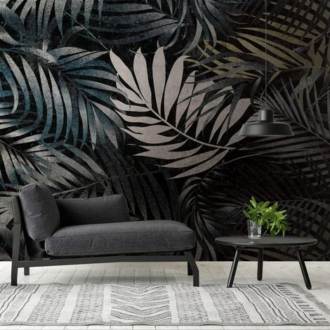 Fototapete Profhome 382381 heißgeprägte Vliestapete glatt mit Dschungel-Design matt schwarz grau grün gelb 3,71 m x 2,8 m