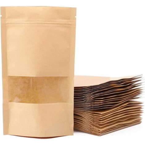BelleRise - 100 sacs en papier kraft avec fenêtre, sachets à fond plat avec fermeture éclair, utilisés pour (1/5)