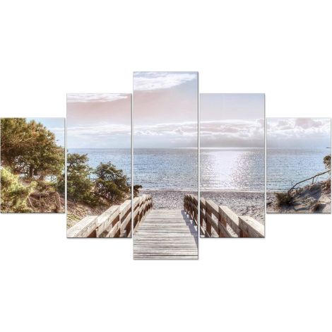 Lupia - Quadro Moderno VOGUE 66x115 cm PONTILE SULLA SPIAGGIA LIGHT a 5 Pezzi, Stampe Artistiche modulari, Pannelli in Legno Ecologico MDF, Pronti da Appendere, Soggiorno e Camera da letto, Ufficio (1/4)
