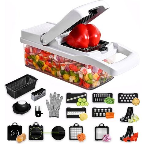 Mandoline de cuisine multifonction 20 pièces, coupe-légumes, coupe-oignons, coupe-frites, trancheuse, coupe-spirale et râpe, avec séparateur de jaune d'œuf et gant (1/5)