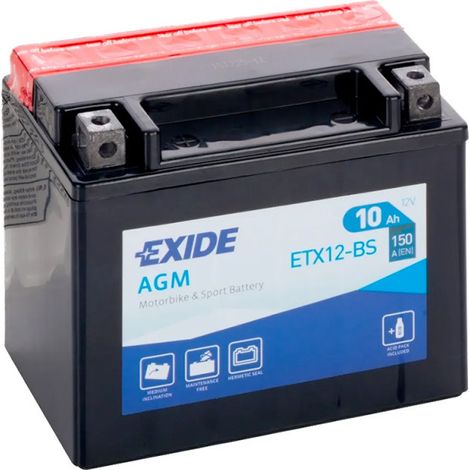 Exide – Batterie moto 12V 10Ah – Puissance de démarrage 150A – Technologie A.G.M scellée – Entretien gratuit