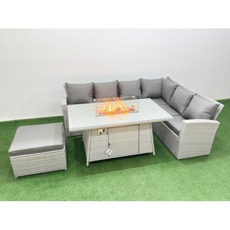Fimous 7 Seat Rattan Garden Furniture Corner Sofa Set Outdoor Gas Fire Pit Table Set with Big Footstool Light Grey (1/4)